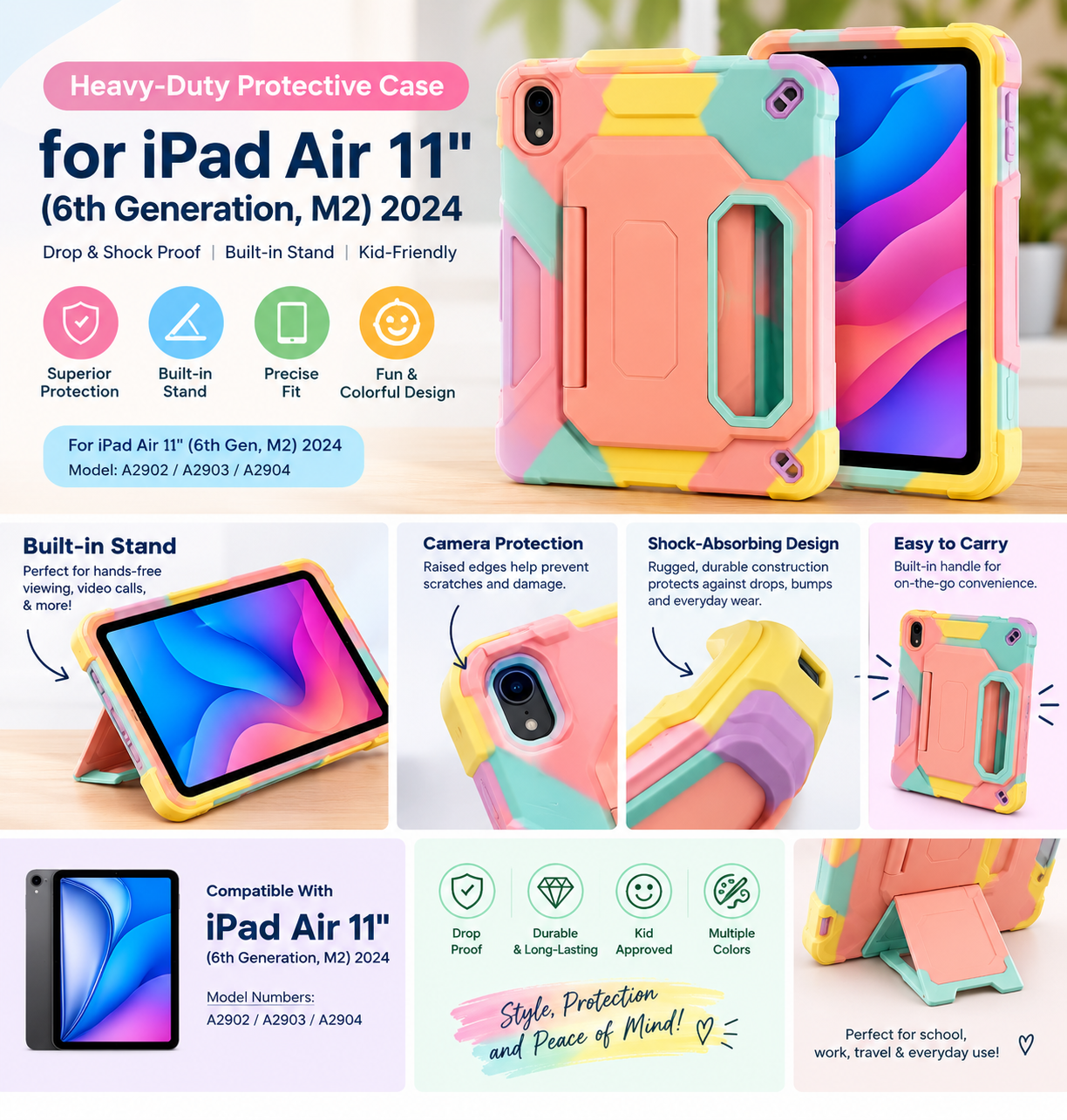Colorful Heavy-Duty Protective Case for iPad Air 11" (6th Gen M2, 2024) – Built-In Stand & Handle
