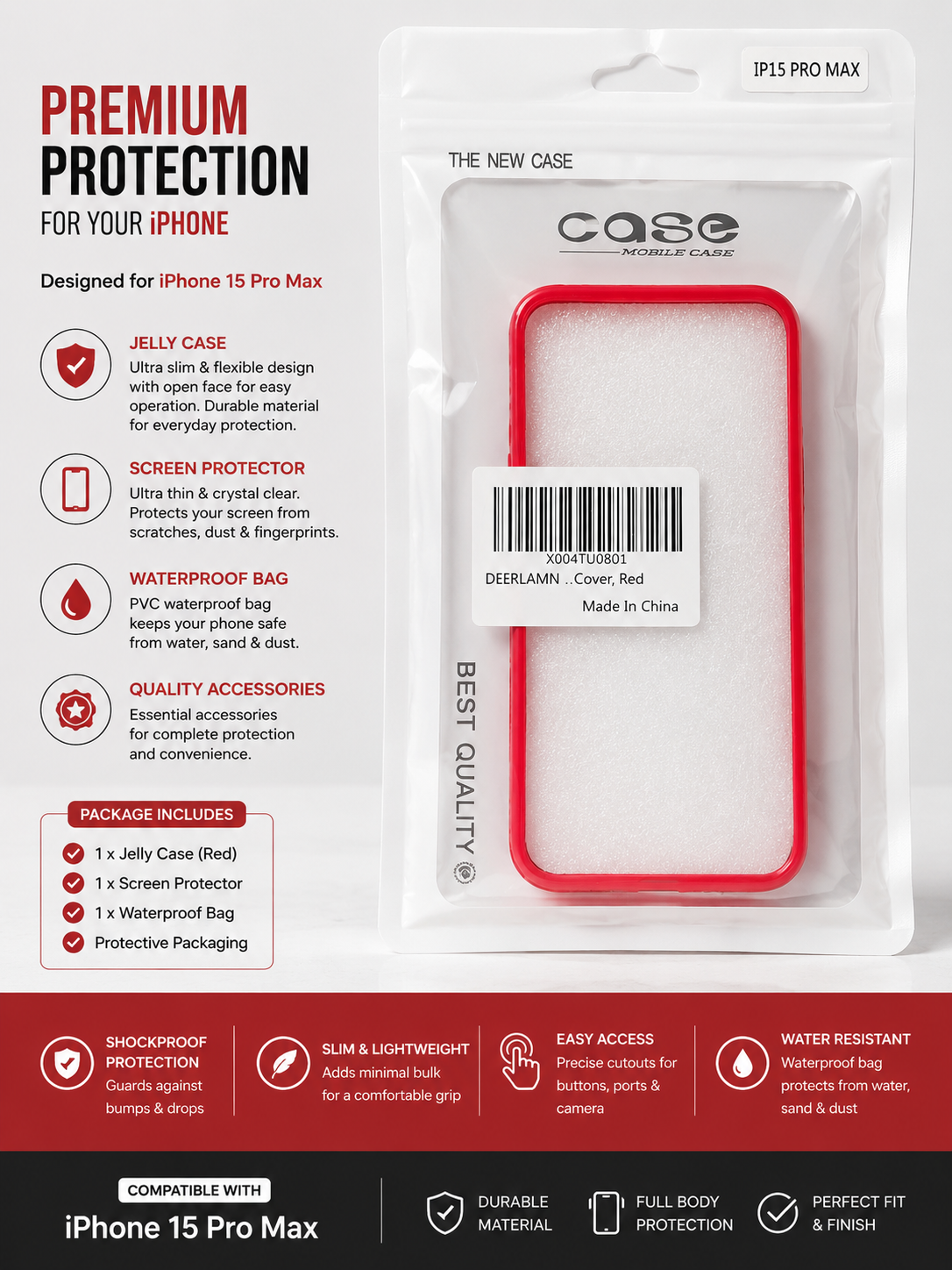 iPhone 15 Pro Max Red Jelly Case – Slim Shockproof Protective Cover