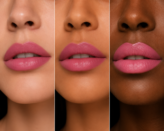 Three close-up views of lips wearing a pink lipstick on different skin tones.