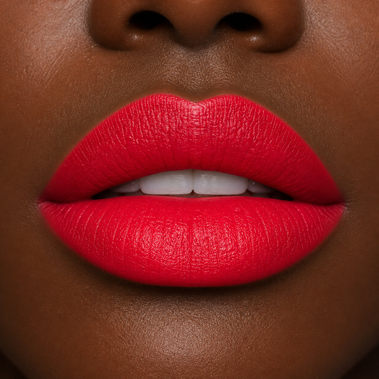Close-up of a person's lips with bright red lipstick on a dark background