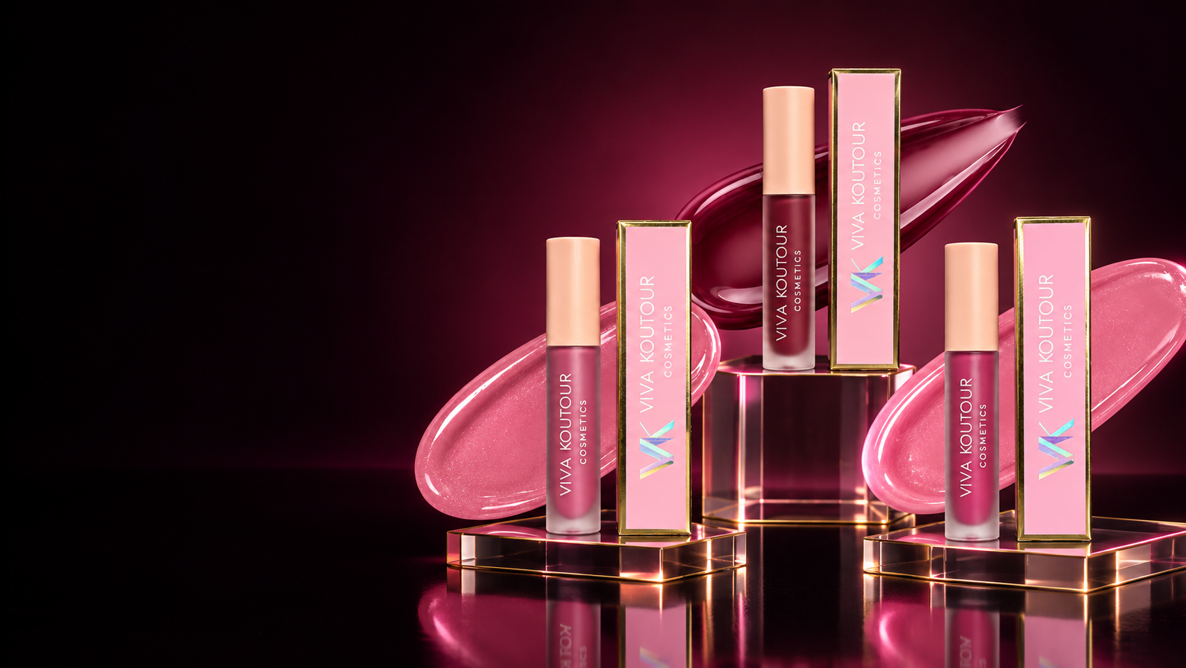 Viva Koutour lip gloss, lipstick and gold jewelry campaign still life