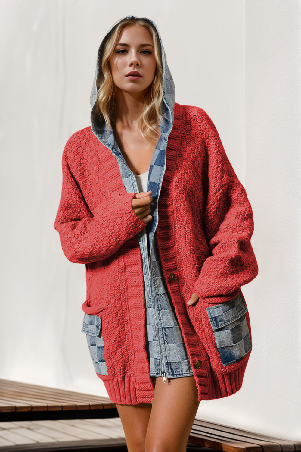 Hooded Denim Sweater Cardigan