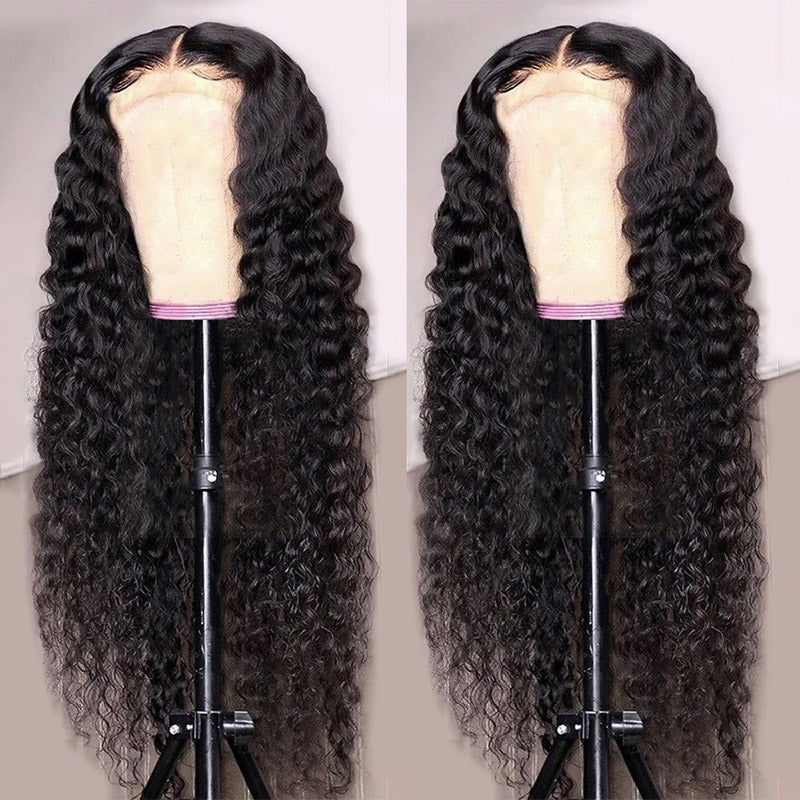 Two views of a deep wave pattern wig on a mannequin head, showcasing the hair lace closure.