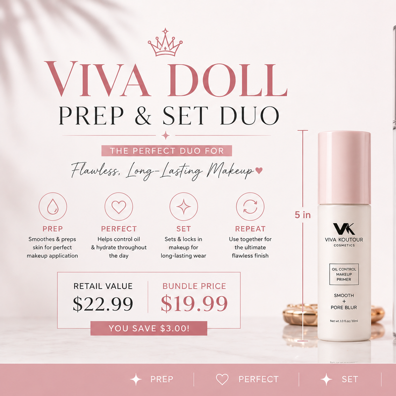 Viva Doll Prep & Set Duo beauty set featuring a white and pink cosmetic bottle and a clear pump bottle with dimensions, retail value, and promotional pricing on a soft pink background with roses.