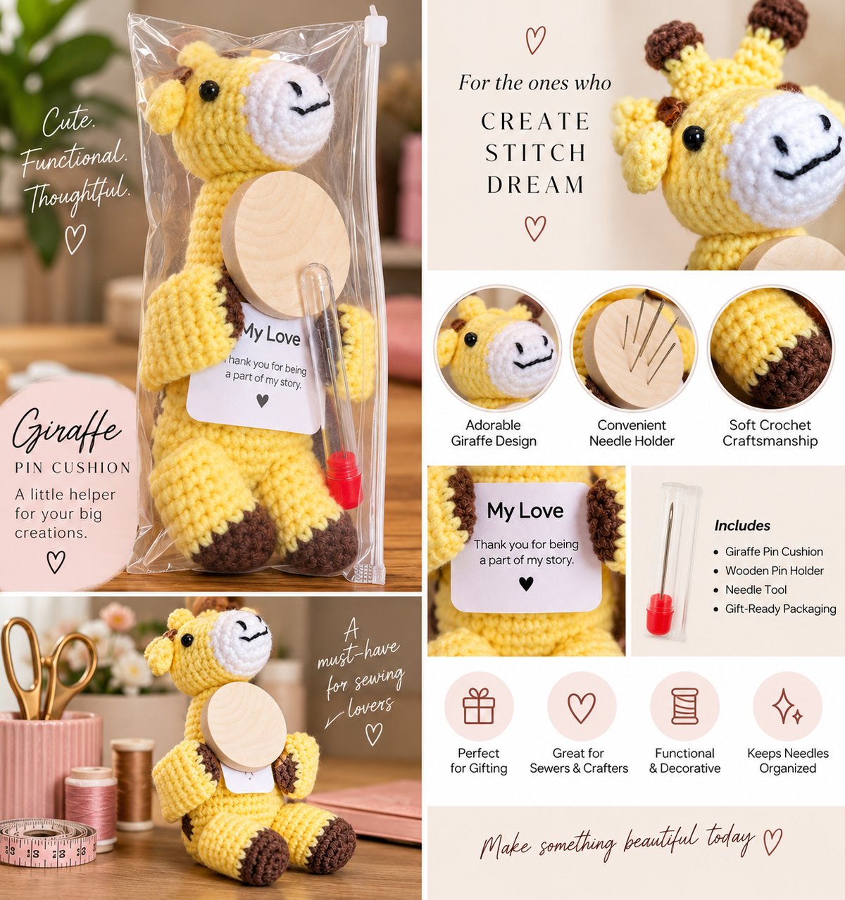 Adorable Giraffe Pin Cushion – Crochet Sewing Needle Holder & Keepsake Gift