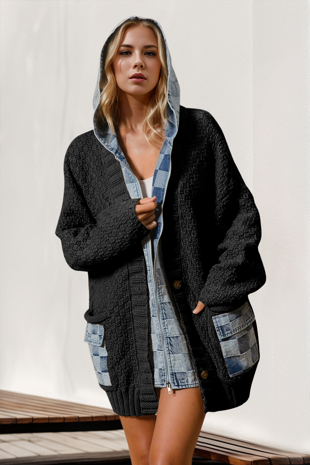 Hooded Denim Sweater Cardigan