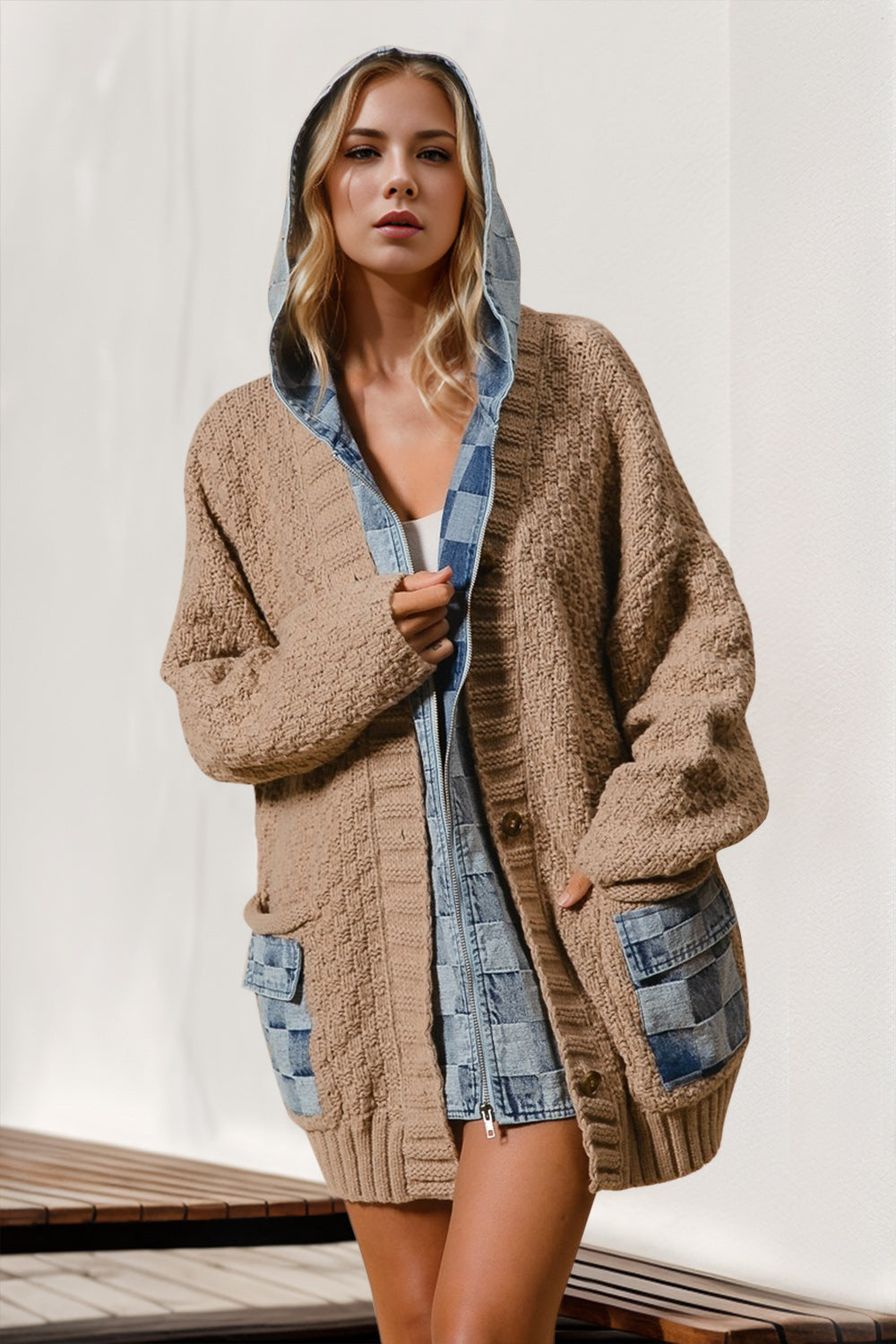 Hooded Denim Sweater Cardigan