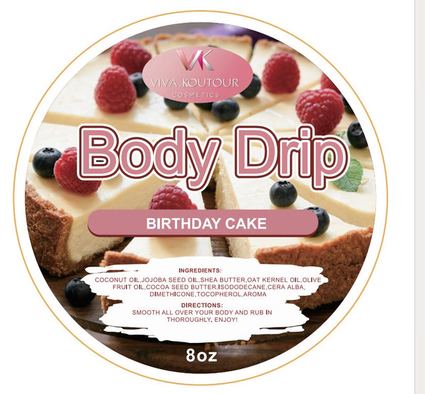 VKC Body Drip Birthday Cake Body Butter jar – deep hydration for dry skin by Viva Koutour