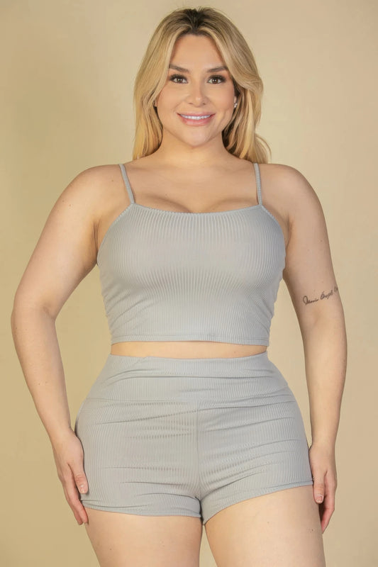 Plus Size Ribbed Cami Crop Top & Ruched Shorts Set