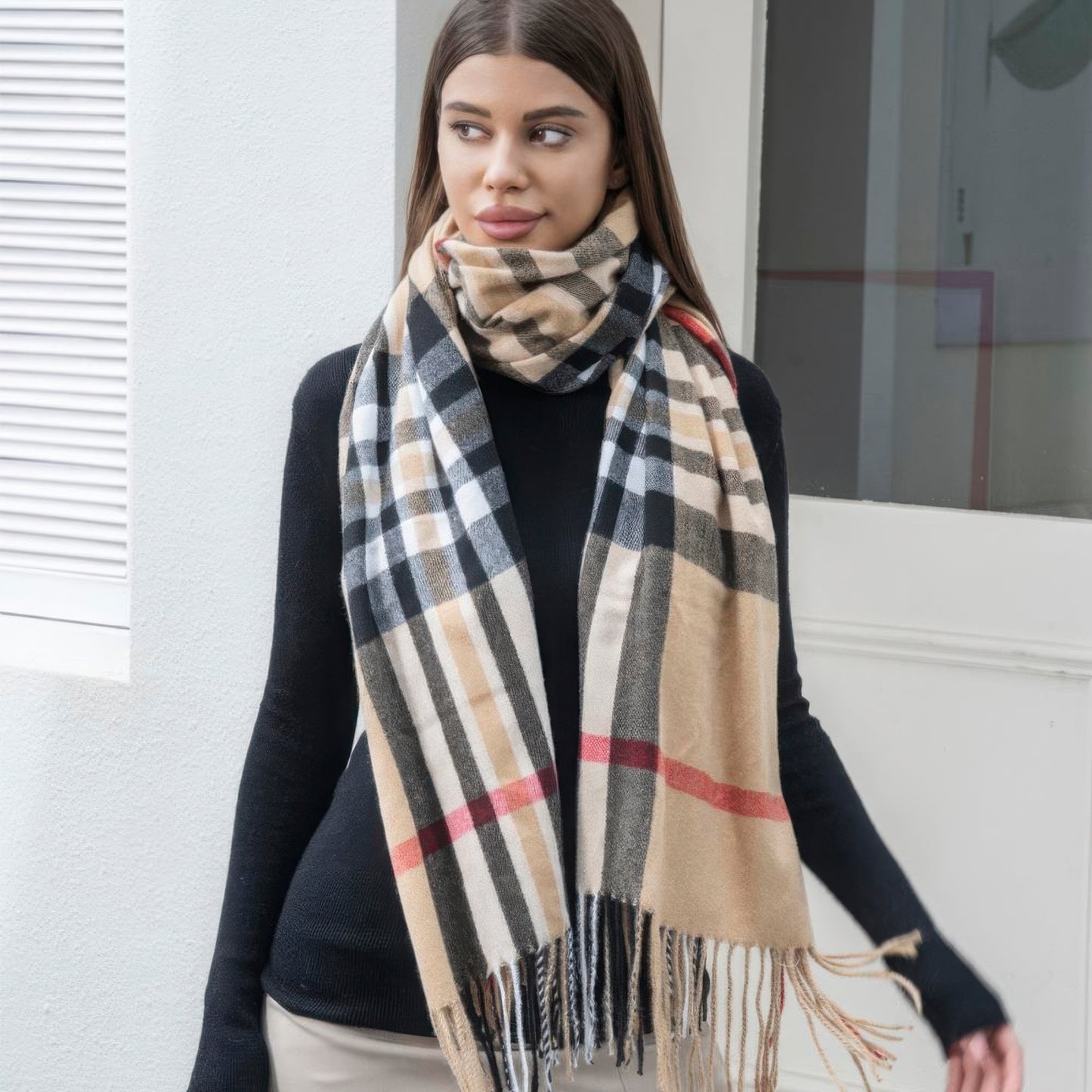 Plaid blanket scarf with tassel