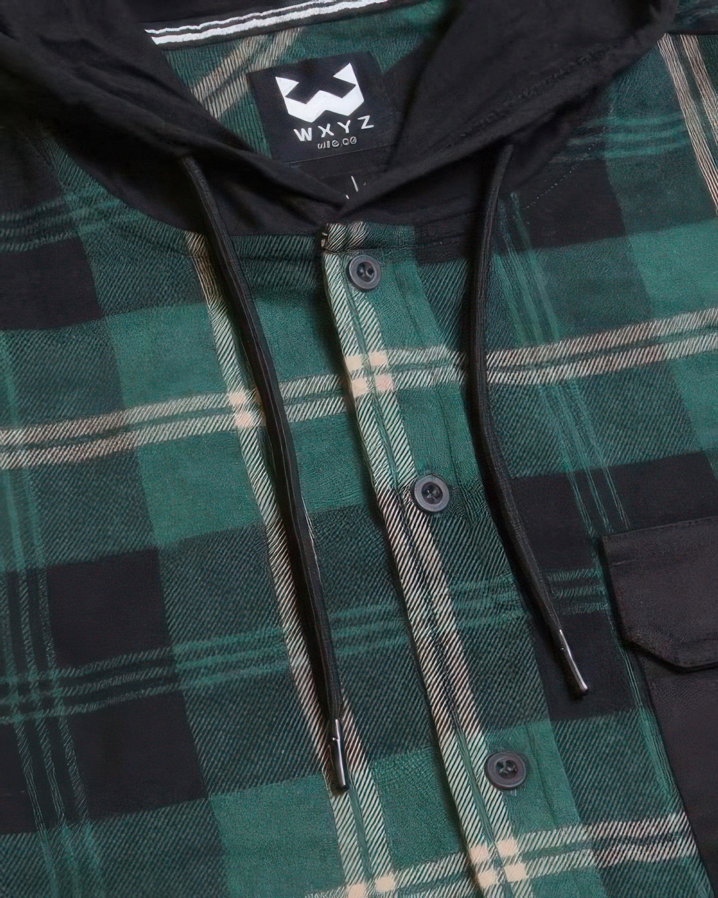 Contrast Pocket Plaid Hooded Shirt