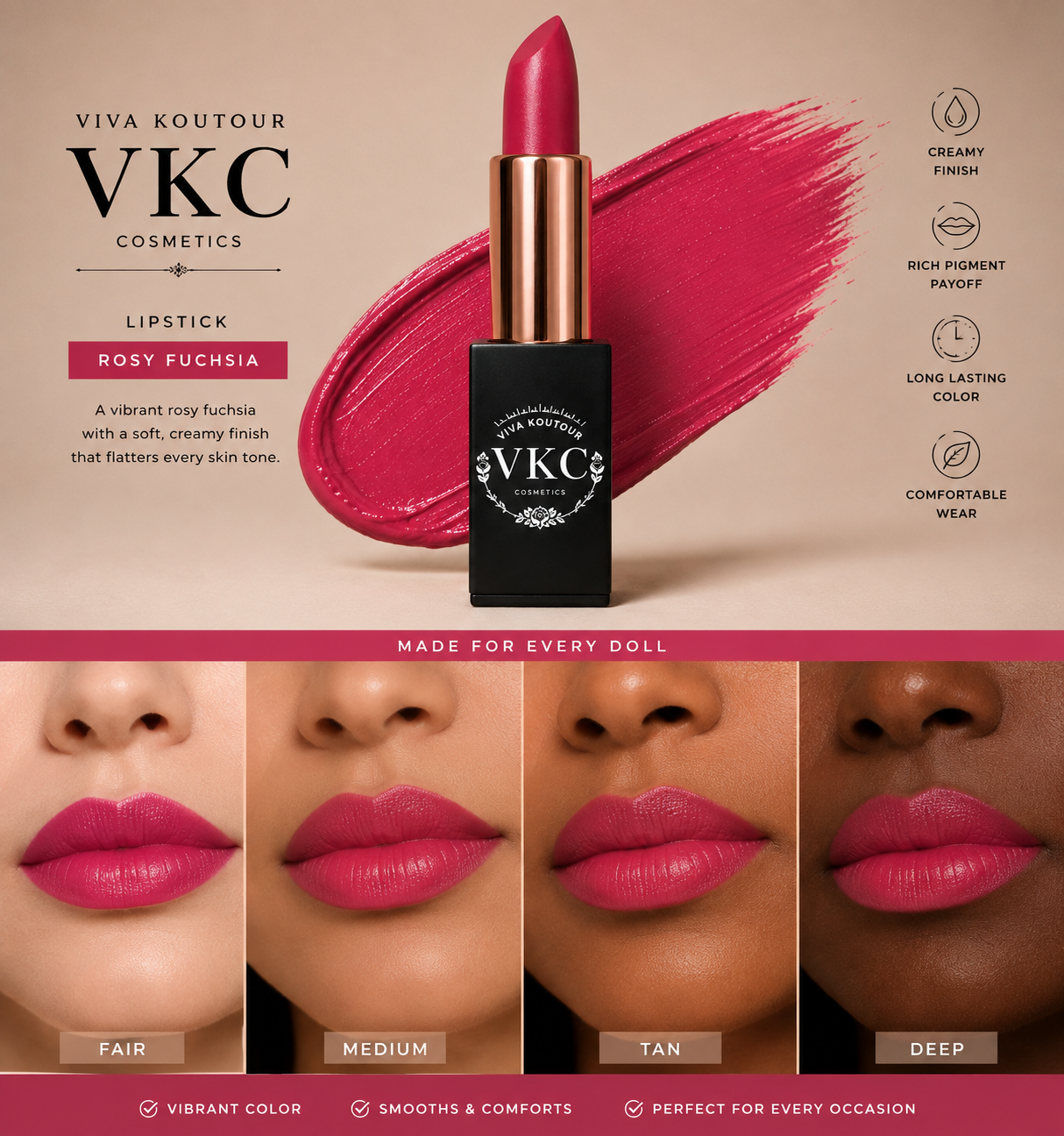 Diva Cream Deep Pink Vegan Lipstick – Creamy, Paraben-Free & Cruelty-Free | 5g