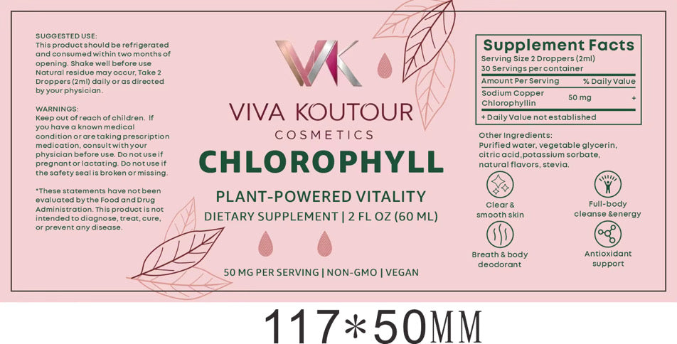 Viva Koutour chlorophyll supplement label with text and graphics on a pink background