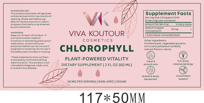 Viva Koutour chlorophyll supplement label with text and graphics on a pink background