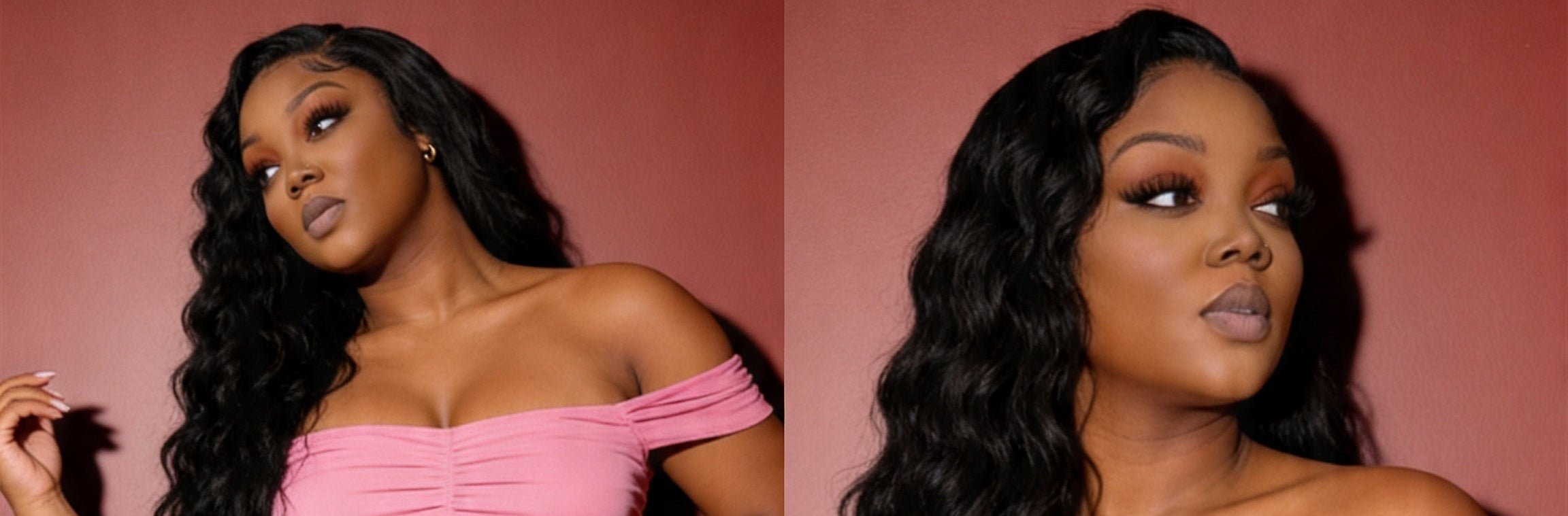 Woman holding a pink handbag against a red background, with additional poses and lighting effects.