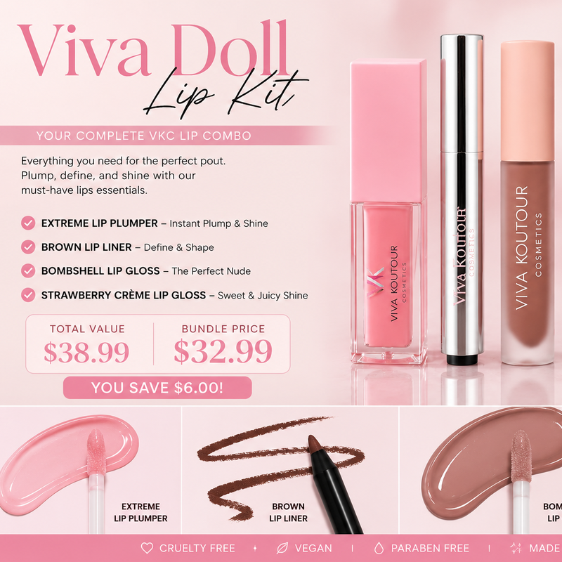 Viva Doll Lip Kit bundle by Viva Koutouren Cosmetics, featuring a pink lip plumper, brown lip liner, peachy nude lip gloss, and black strawberry cream lip gloss, displayed with strawberry graphics on a pink background.
