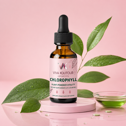 Viva Koutour Chlorophyll supplement bottle with leaves on a pink background