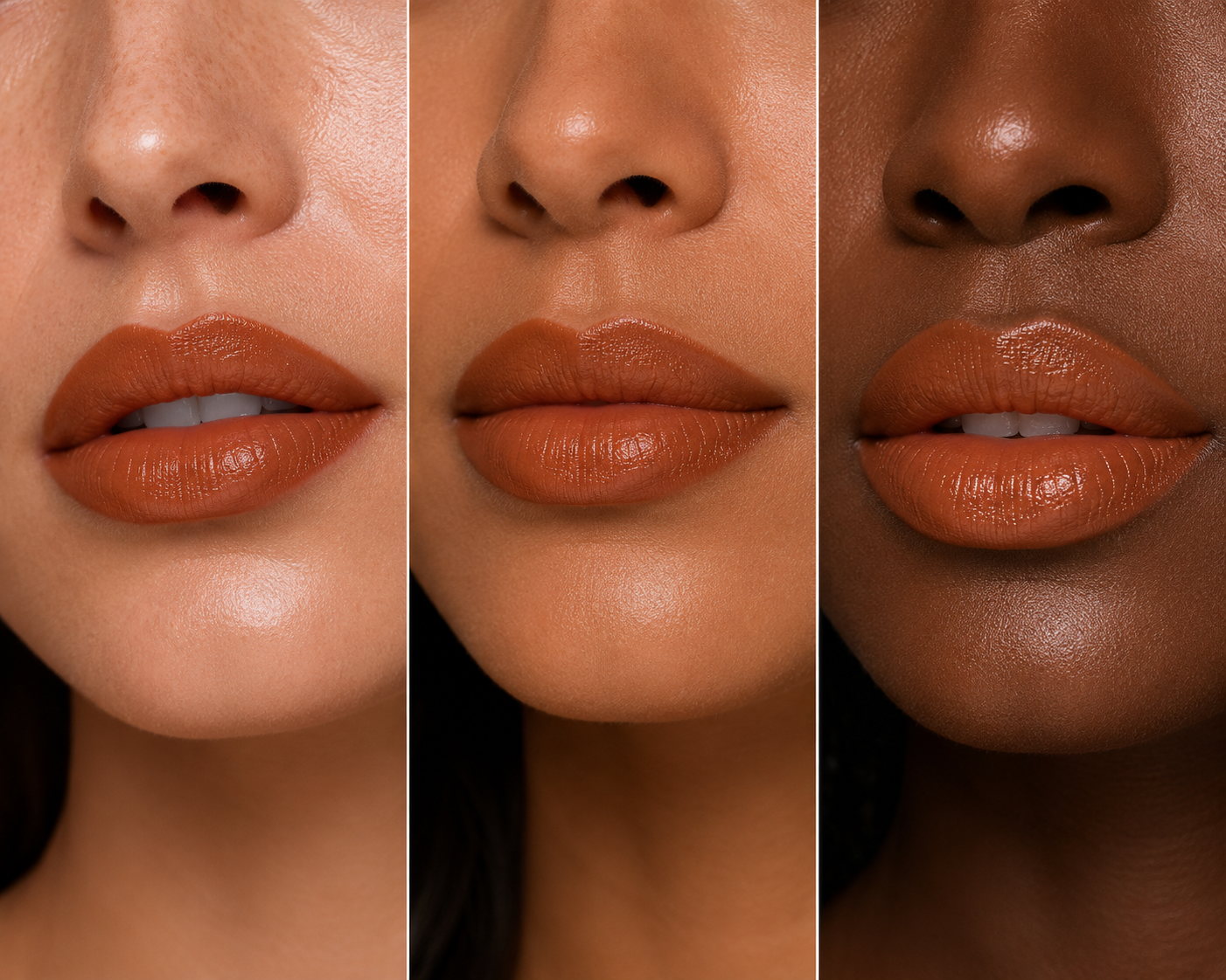 Three close-up views of lips with a brown lipstick shade on different skin tones.