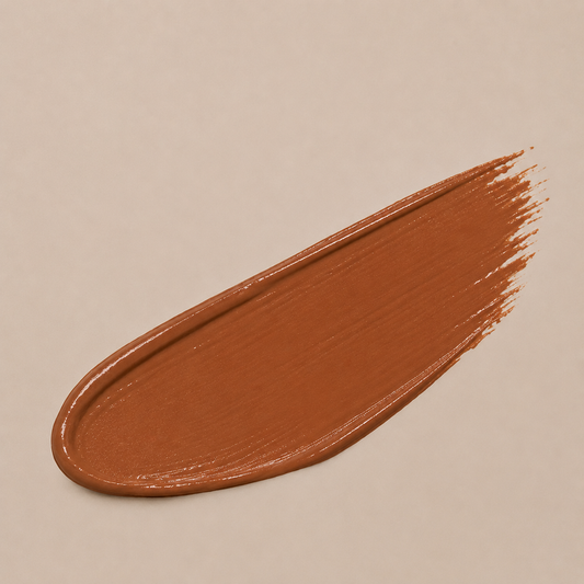 Brown makeup swatch on a beige background