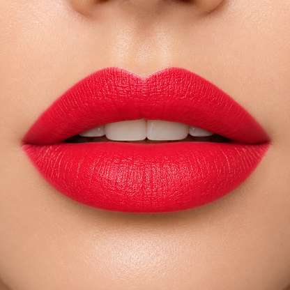 Close-up of a person's lips wearing bright red lipstick.