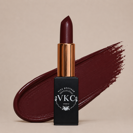 Lipstick with VKC branding on a beige background