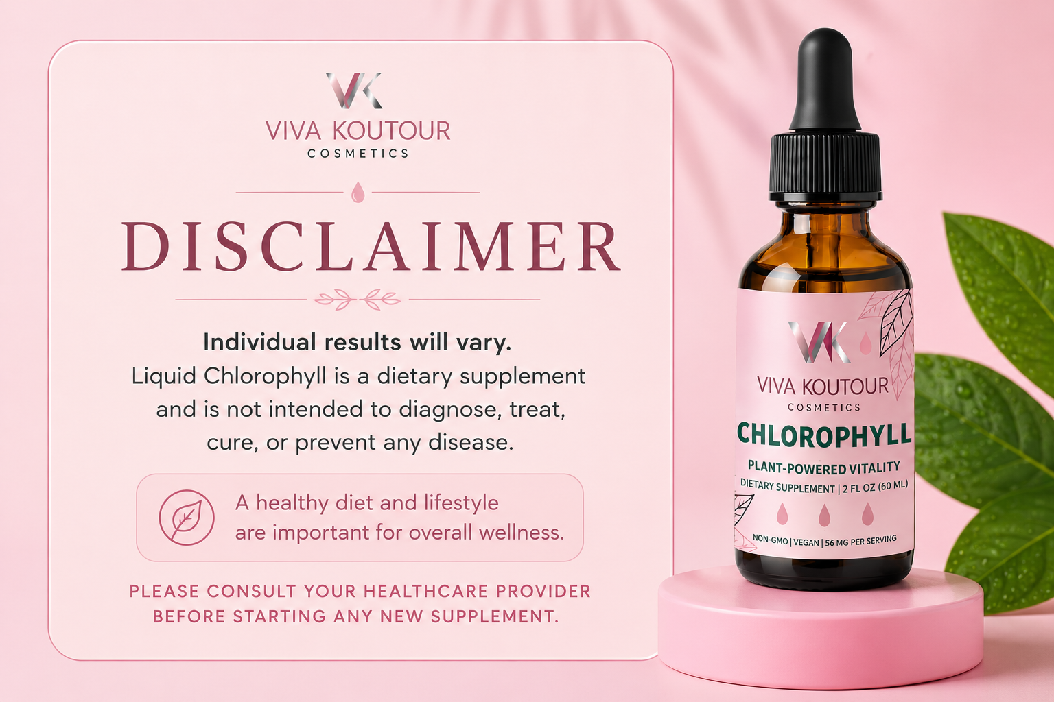 Viva Koutour Chlorophyll supplement bottle with dropper on a pink background